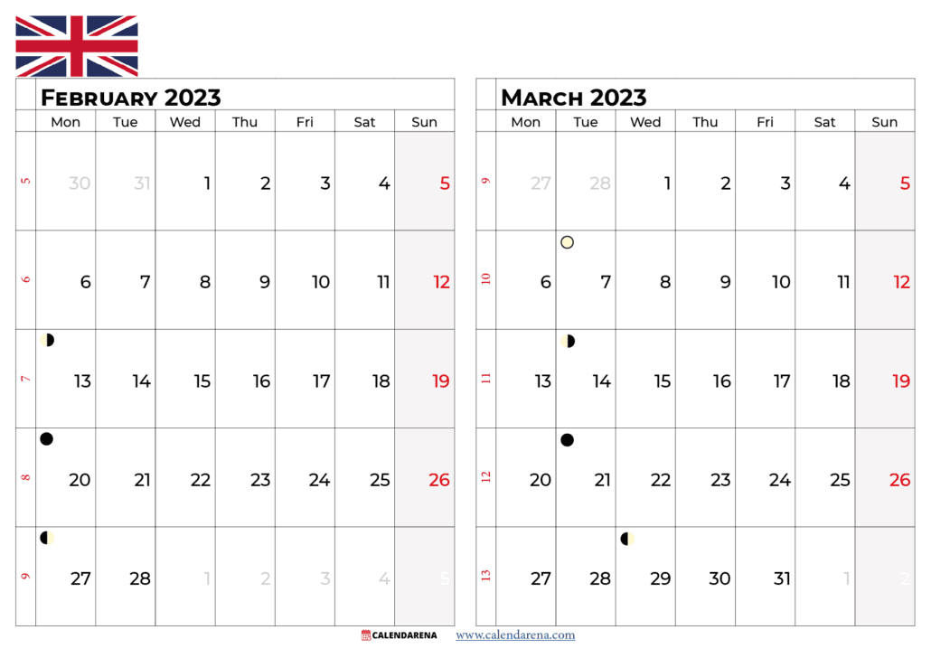 February march 2023 calendar uk