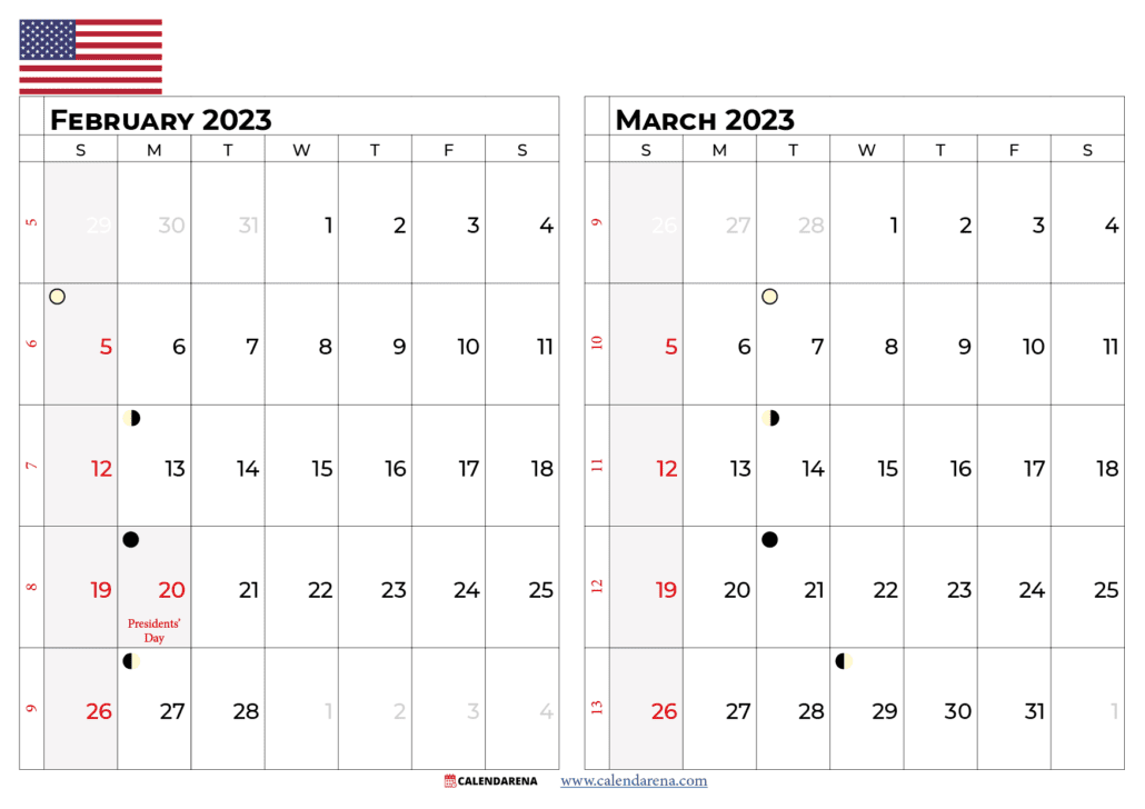 February march 2023 calendar usa