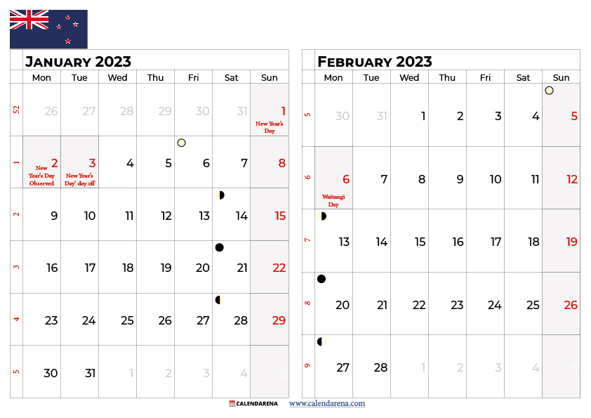 January February 2023 calendar NZ new zealand