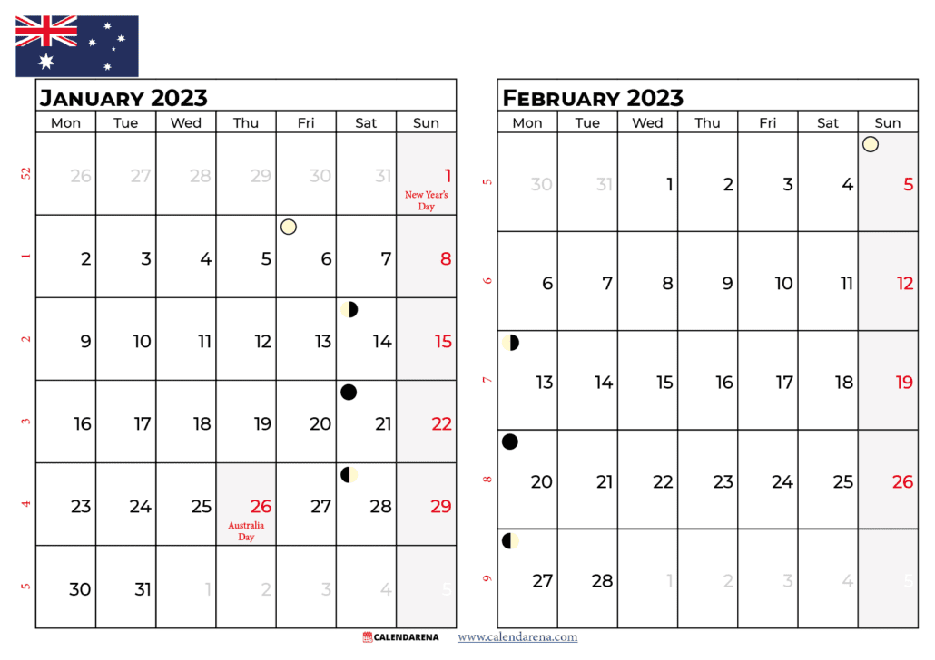 January February 2023 calendar australia