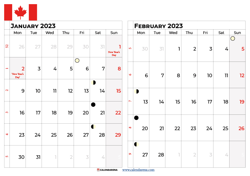 January February 2023 calendar canada
