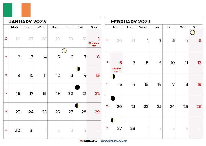 January February 2023 calendar ireland