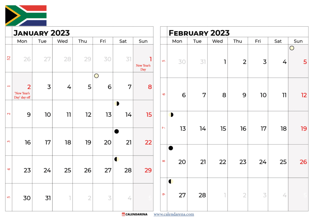 January February 2023 calendar south africa