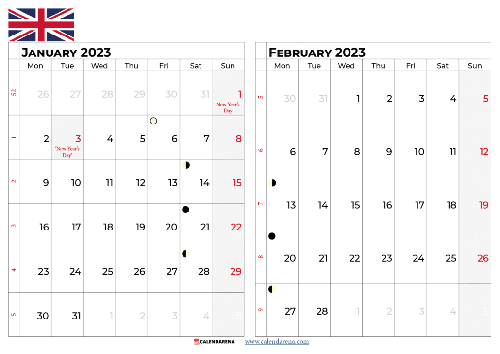 January February 2023 calendar uk
