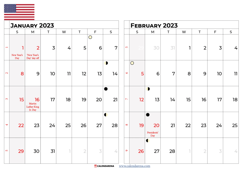 January February 2023 calendar usa