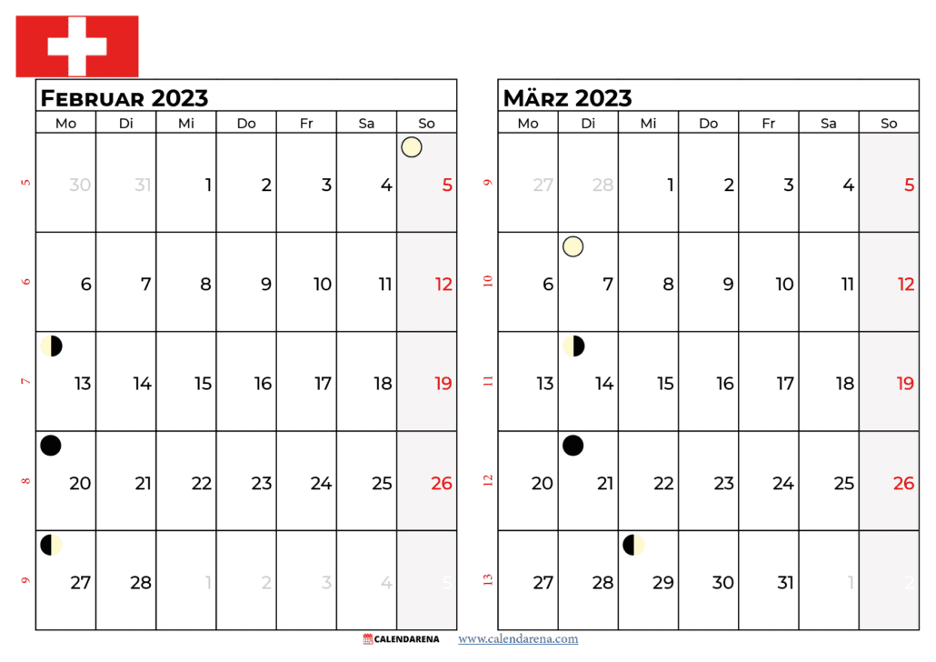 Kalender 2023 Februar März Schweiz
