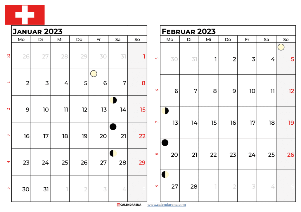Kalender 2023 Januar Februar Schweiz