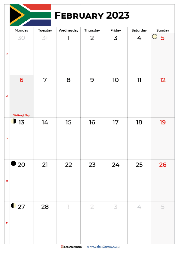 Printable February 2023 calendar NZ