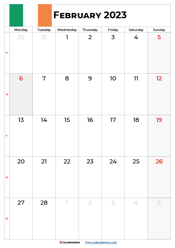 Printable February 2023 calendar ireland
