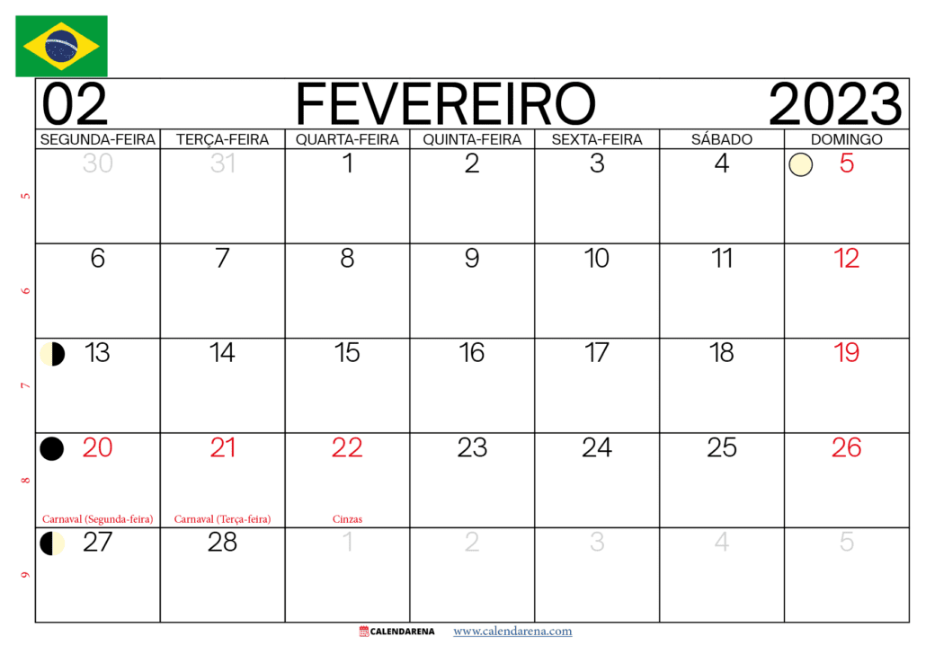calendário 2023 fevereiro brasil