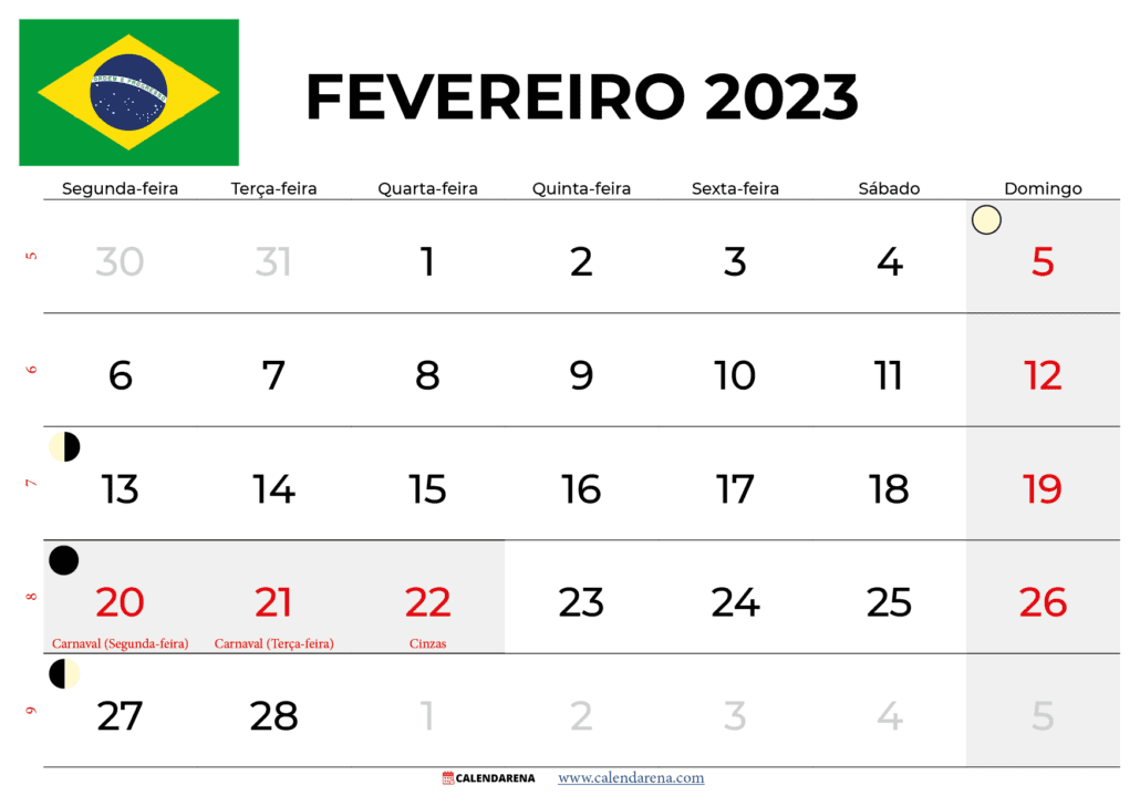 calendário 2023 fevereiro com feriados brasil