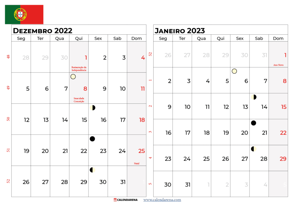 calendario dezembro 2022 e janeiro 2023