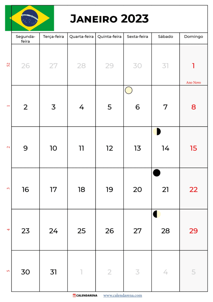 calendário do mês de janeiro 2023