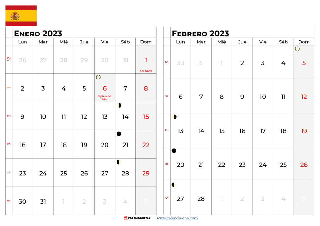 calendario enero febrero 2023 españa