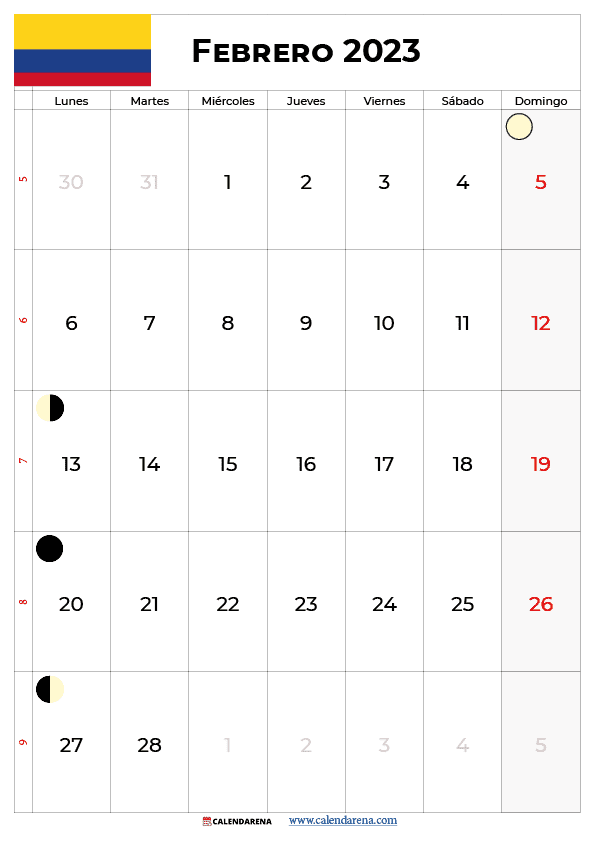 calendario febrero 2023 con festivos colombia