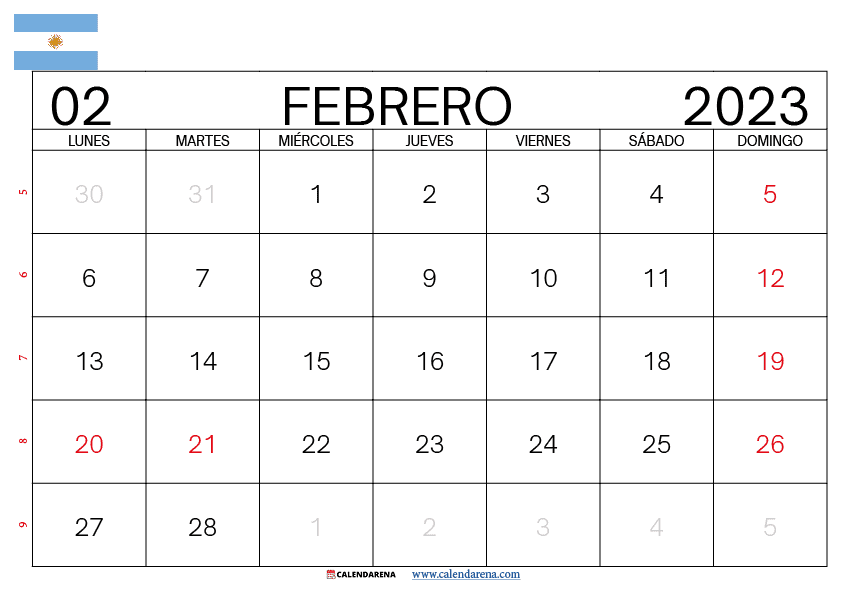 calendario febrero 2023 para imprimir argentina