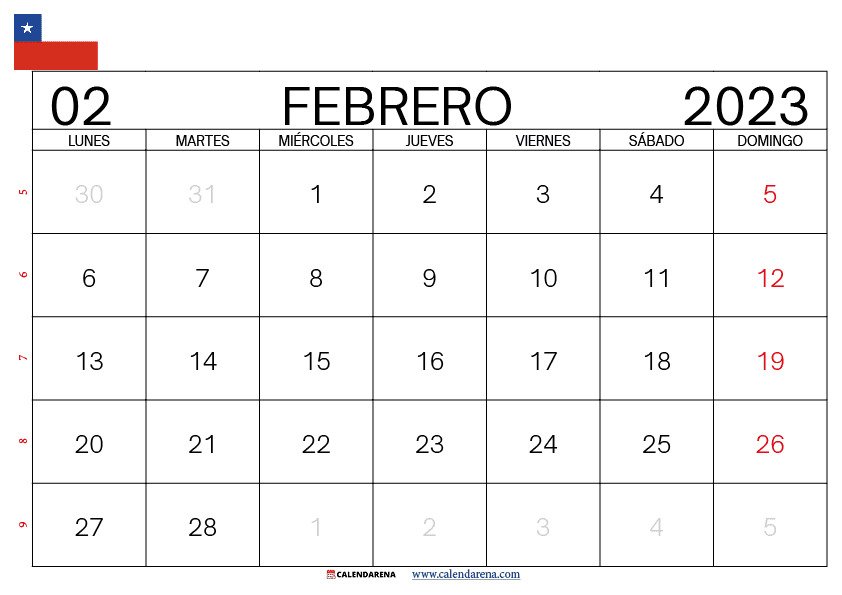 calendario febrero 2023 para imprimir