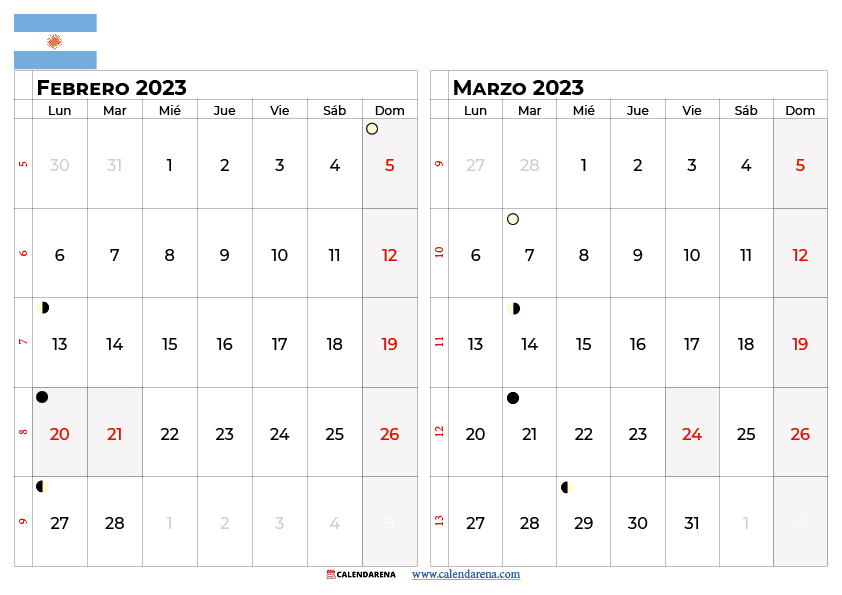calendario febrero y marzo 2023 argentina