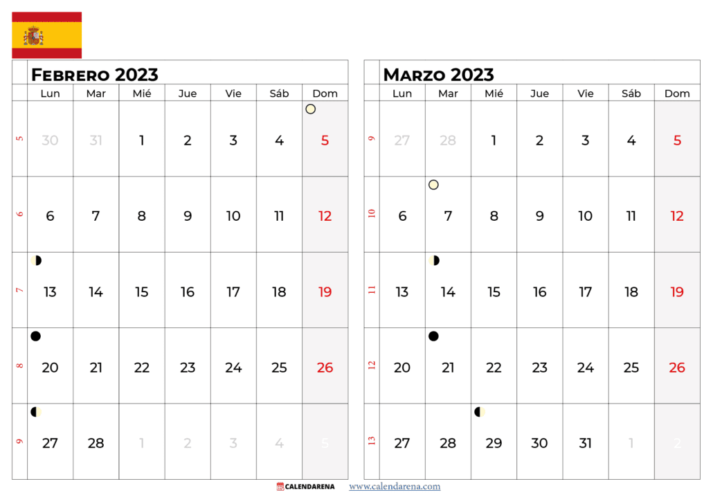 calendario febrero y marzo 2023 españa