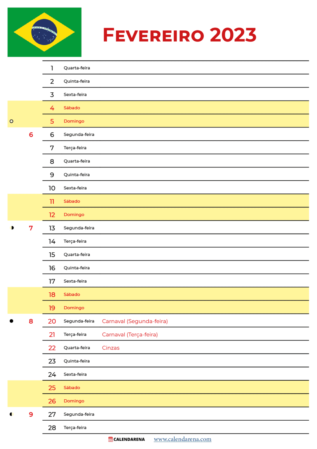 Calendário 2023 Fevereiro Com Feriados Brasil
