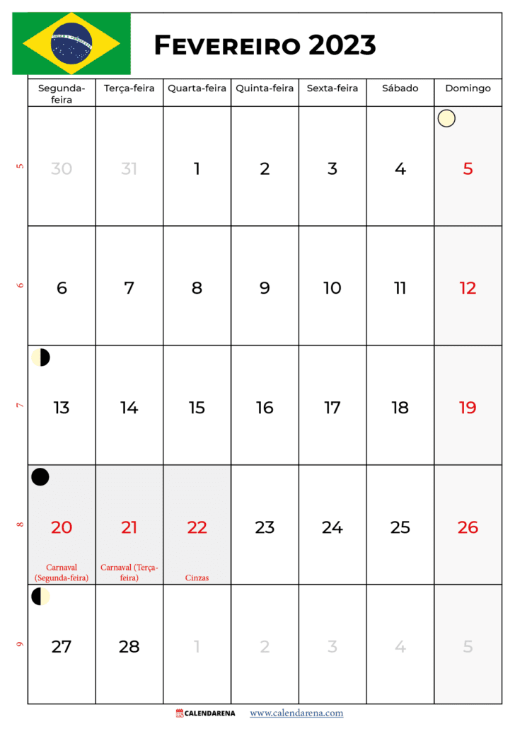 calendário fevereiro 2023 com feriados brasil