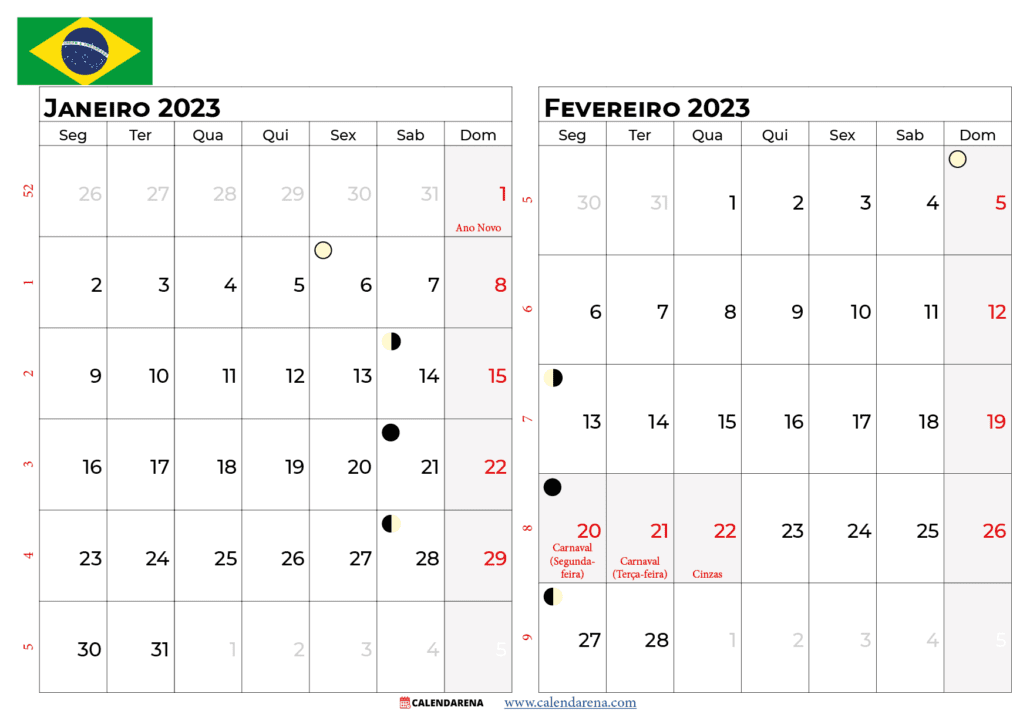 calendario janeiro e fevereiro 2023