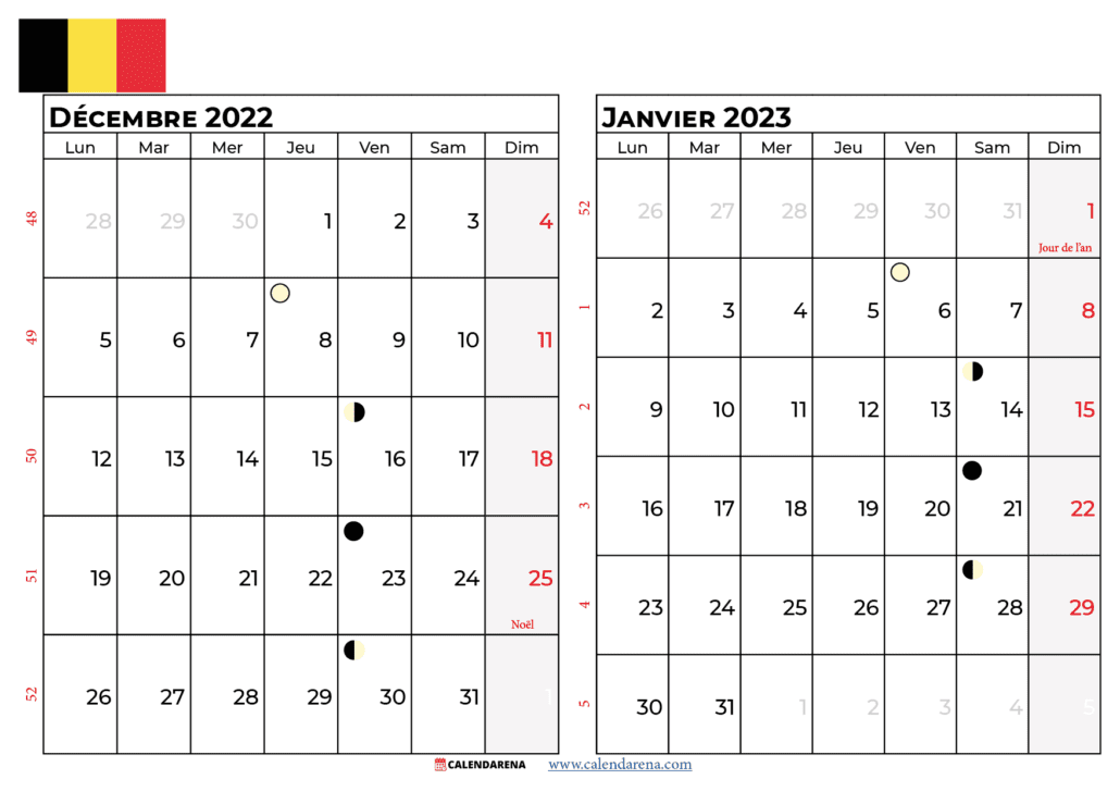 calendrier decembre 2022 et janvier 2023 belgique