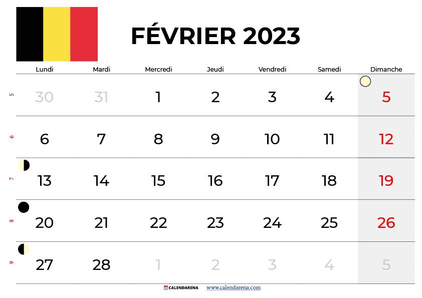 calendrier fevrier 2023 à imprimer belgique