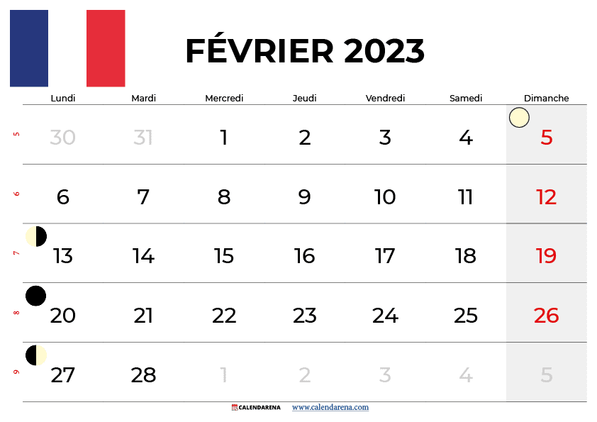calendrier fevrier 2023 à imprimer france