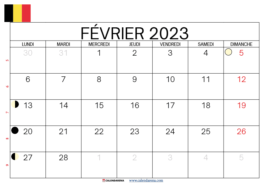 calendrier fevrier 2023 à imprimer gratuit belgique