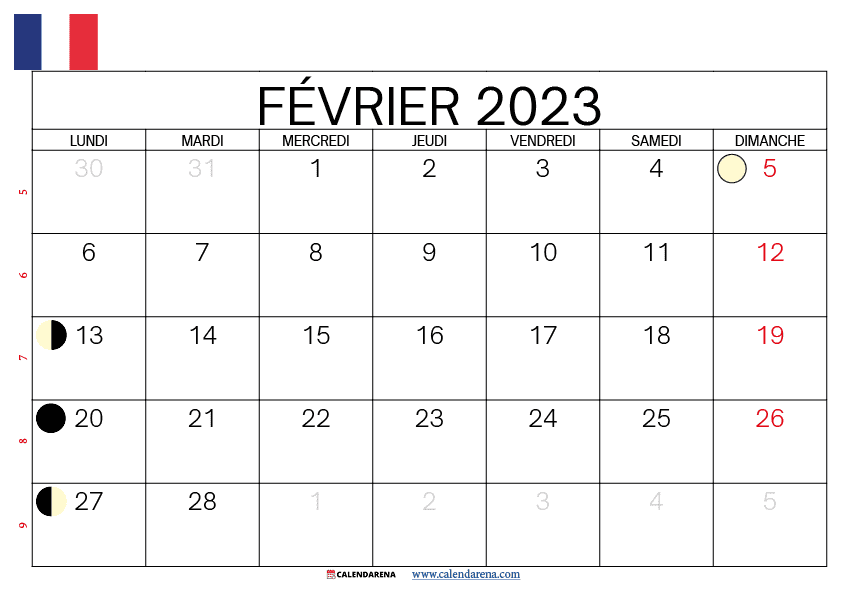 calendrier fevrier 2023 à imprimer gratuit france