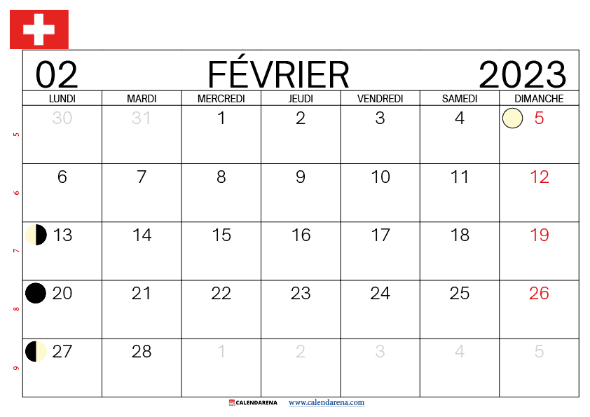 calendrier fevrier 2023 à imprimer gratuit suisse