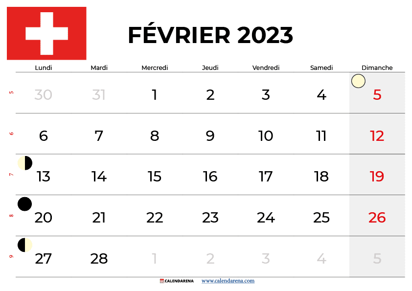 calendrier fevrier 2023 à imprimer suisse