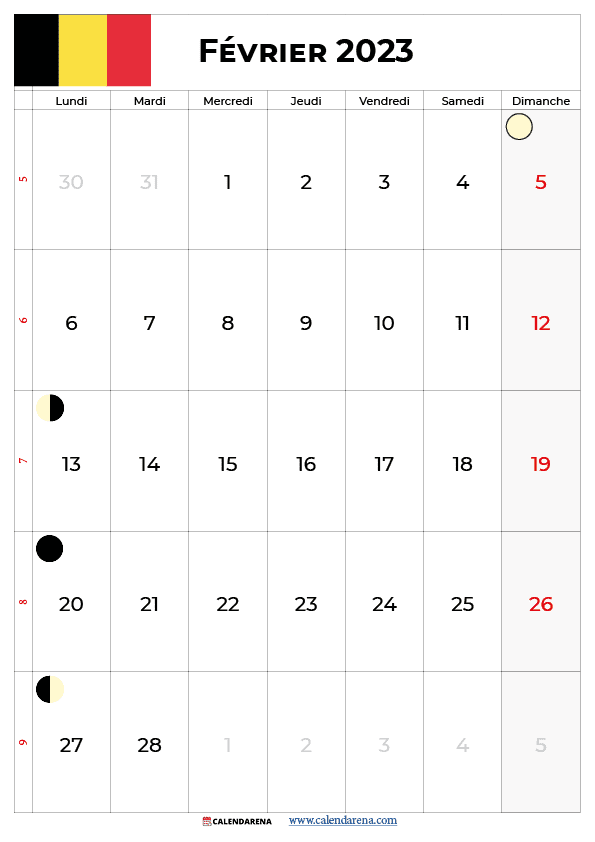 calendrier fevrier 23 belgique