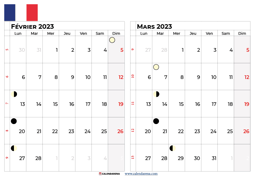 calendrier fevrier mars 2023 france