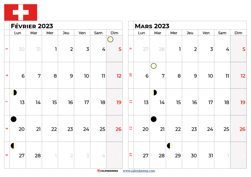 calendrier fevrier mars 2023 suisse