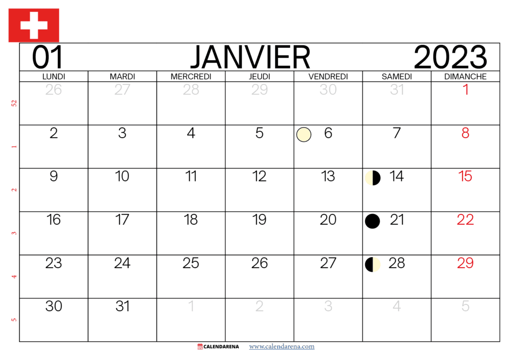 calendrier janvier 2023 à imprimer Suisse