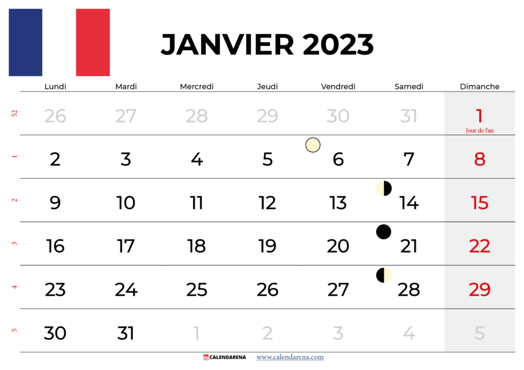 calendrier janvier 2023 à imprimer france