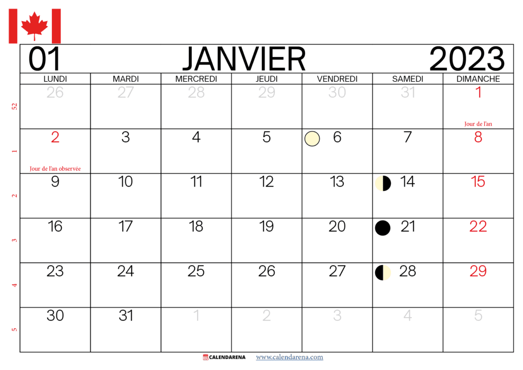 calendrier janvier 2023 québec