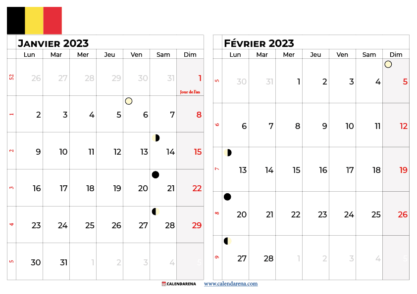 calendrier janvier fevrier 2023 belgique