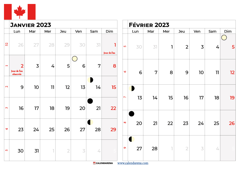 calendrier janvier fevrier 2023 canada