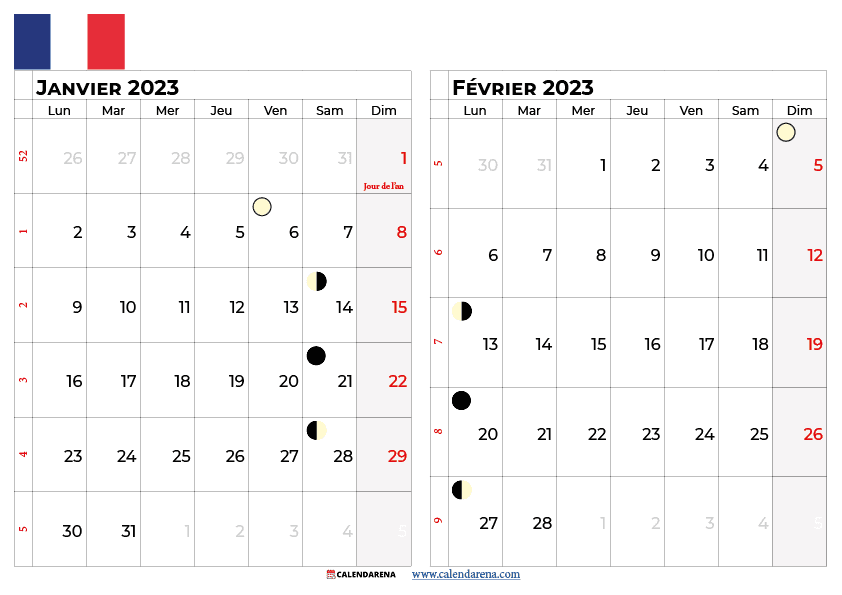 calendrier janvier fevrier 2023 france