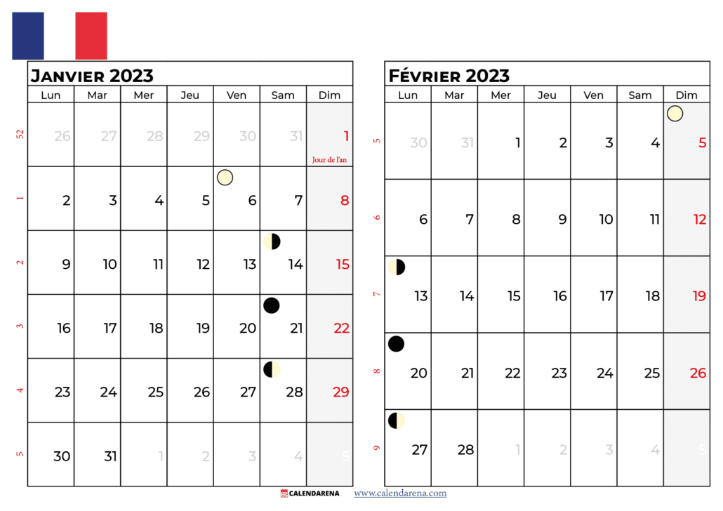 calendrier janvier fevrier 2023 france
