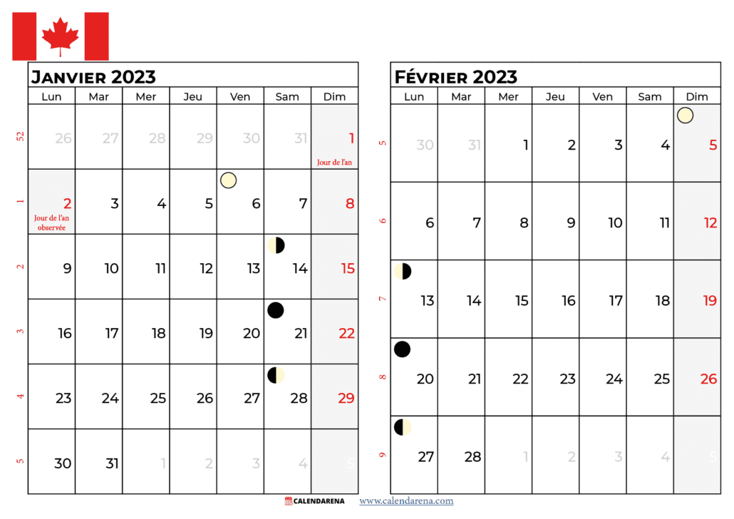 calendrier janvier fevrier 2023 québec
