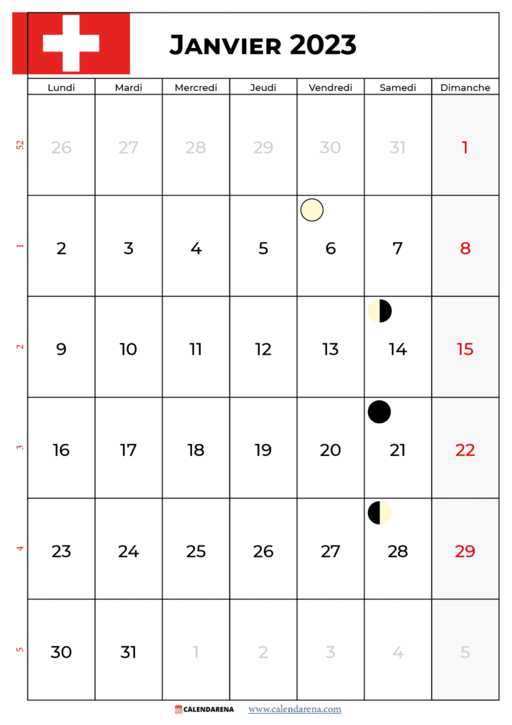 calendrier mois de janvier 2023 Suisse