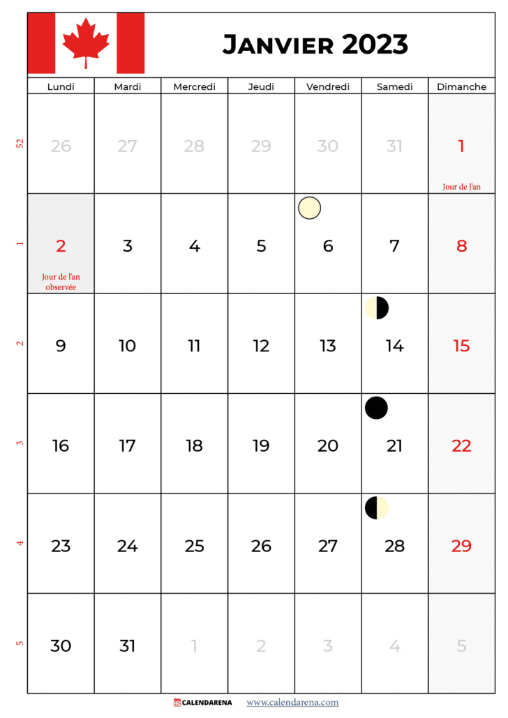 calendrier mois de janvier 2023 québec