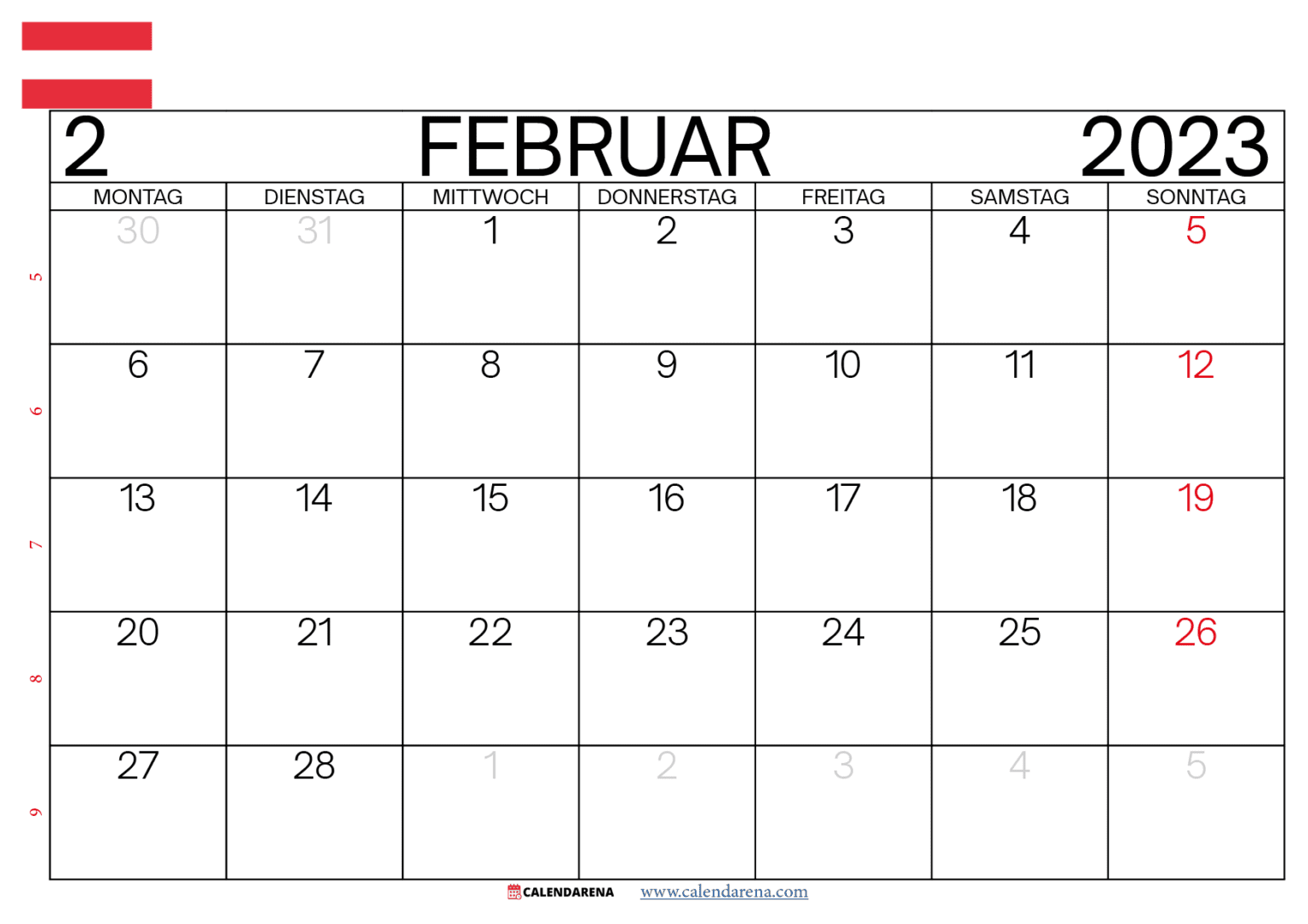 Kalender Februar 2023 Zum Ausdrucken Österreich
