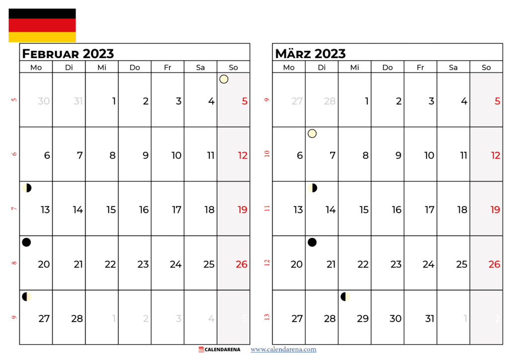 kalender februar märz 2023 Deutschland