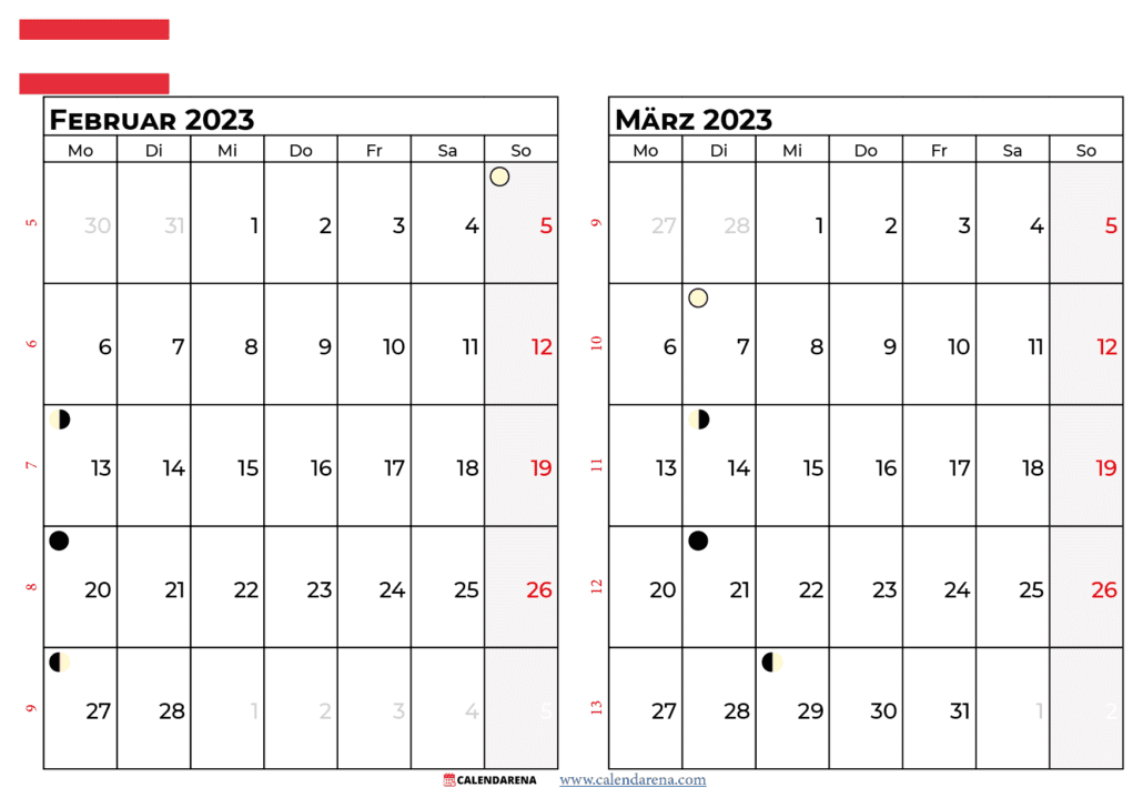 kalender februar märz 2023 Österreich
