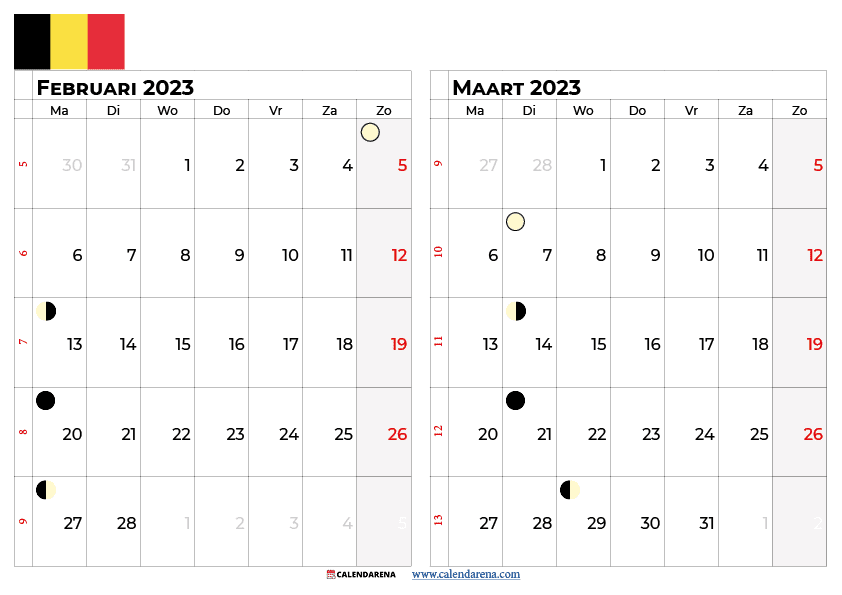 kalender februari maart 2023 belgië